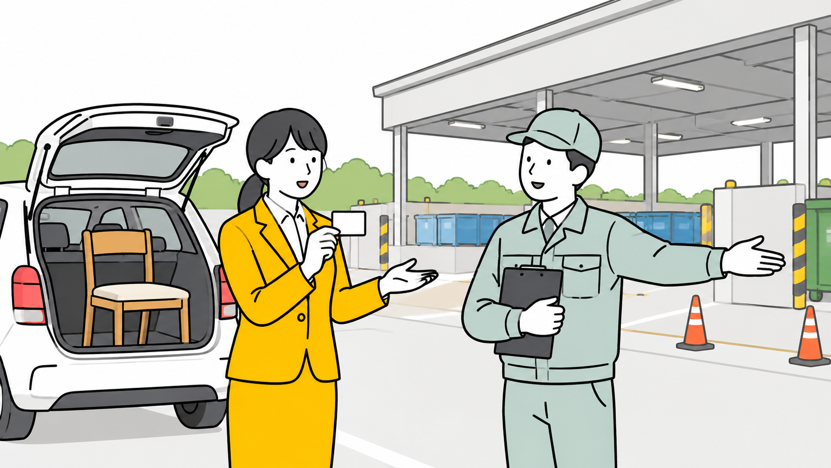 粗大ごみを車で持ち込み施設の職員に受付方法を確認する女性