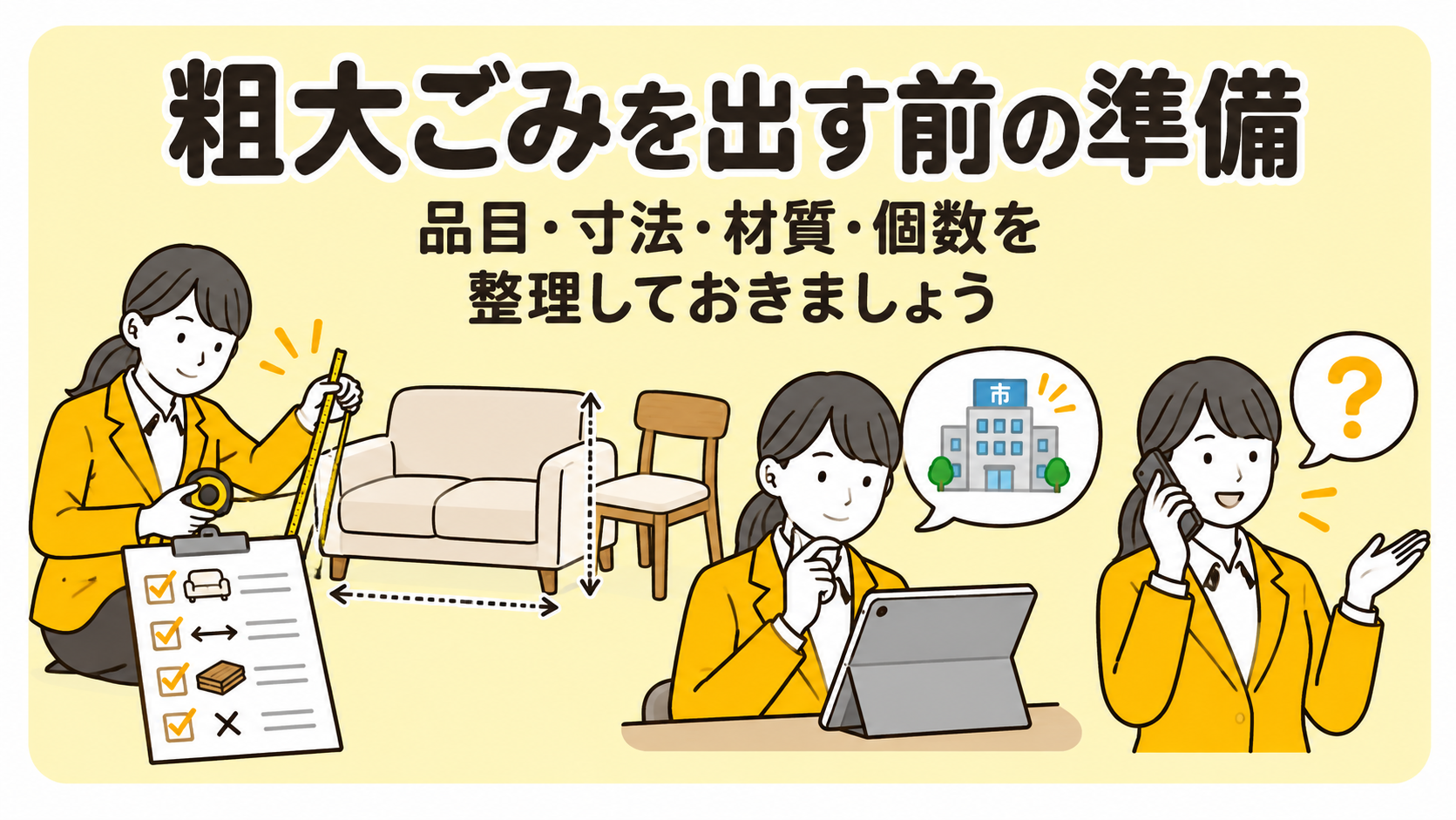 粗大ごみを出す前の準備。品目・寸法・材質・個数を整理しておきましょう。