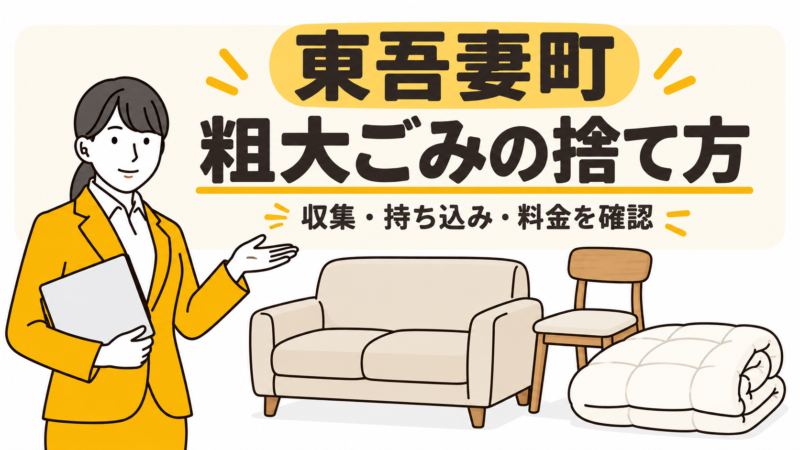 東吾妻町の粗大ごみの捨て方。家具と布団を案内する女性。