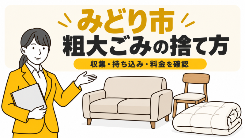 みどり市の粗大ごみの捨て方。家具と布団を案内する女性。