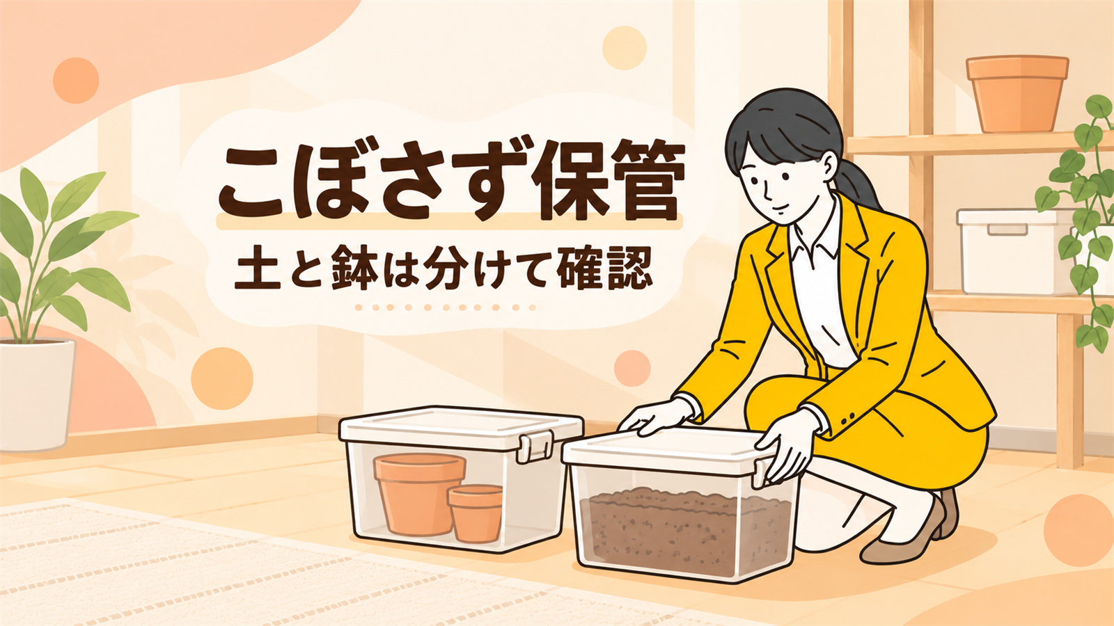園芸用土をこぼさないよう保管する女性。